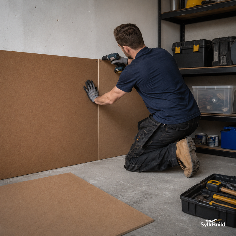 Person installing drywall in a workshop setting with tools and supplies around.