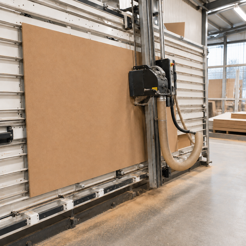 A large tan wood veneer sheet mounted on a vertical industrial CNC router or wood cutting machine inside a workshop. The machine features a black control box, a beige flexible dust collector hose, and a silver aluminum rail system.