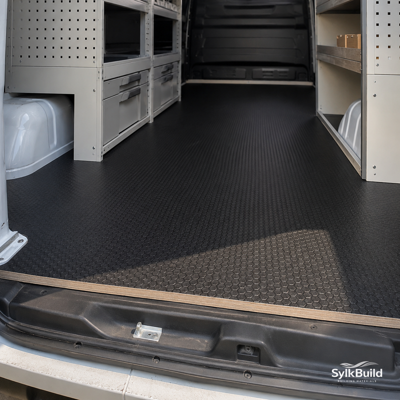 Van interior with storage compartments and a black floor mat, SylkBuild logo visible.