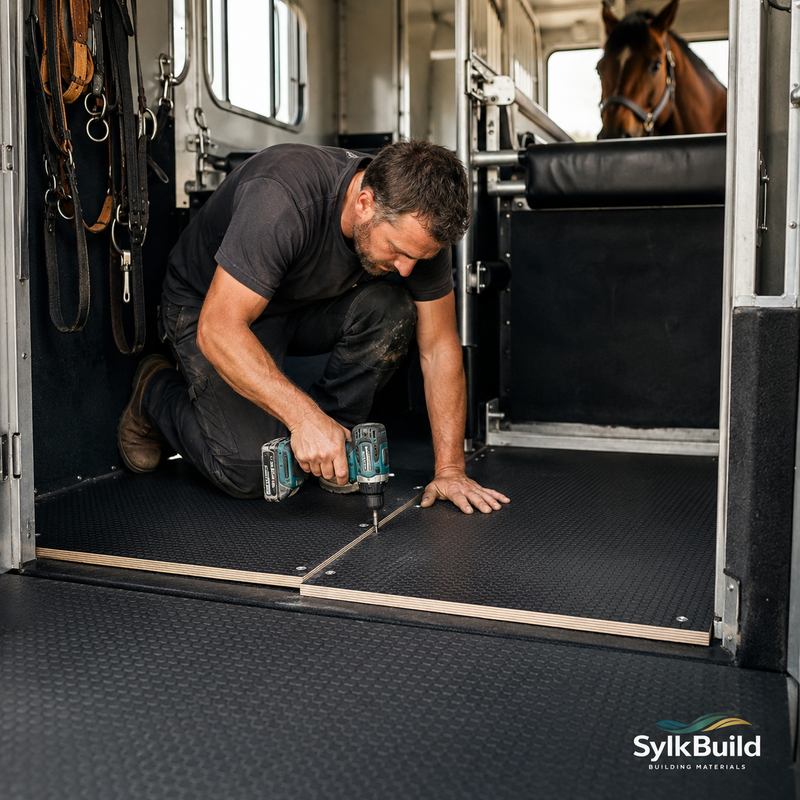 Man working on a vehicle interior with tools, horse visible in background, SylkBuild logo.