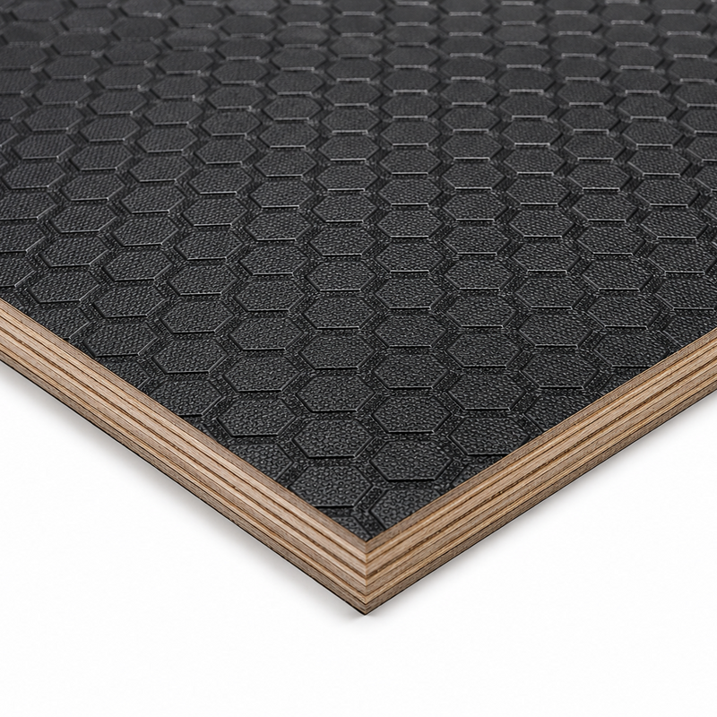 Close-up of a black honeycomb-patterned mat with a wooden border on a white background