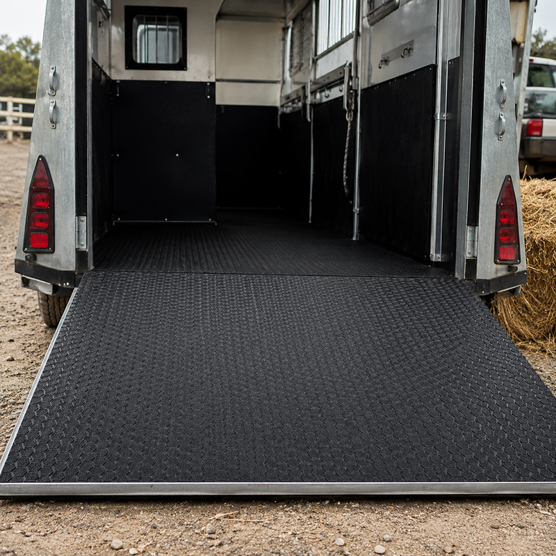 Horse trailer with open back door showing black mat on a dirt ground.
