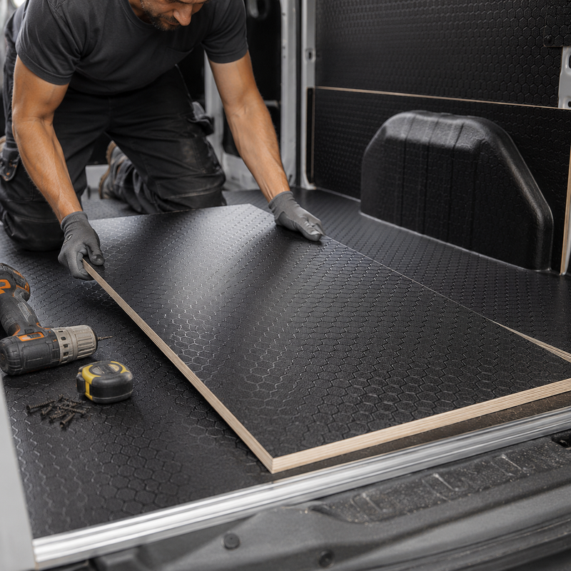 Person installing black rubber matting in a vehicle with tools on the floor.