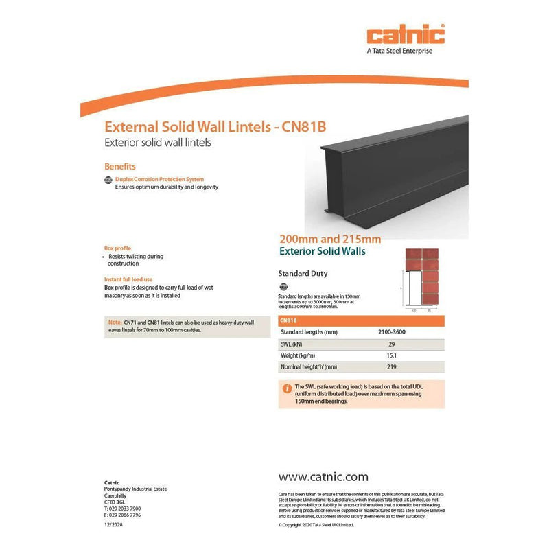Catnic CN81B Steel Box Lintel External Solid Wall - Armstrong Cheshire