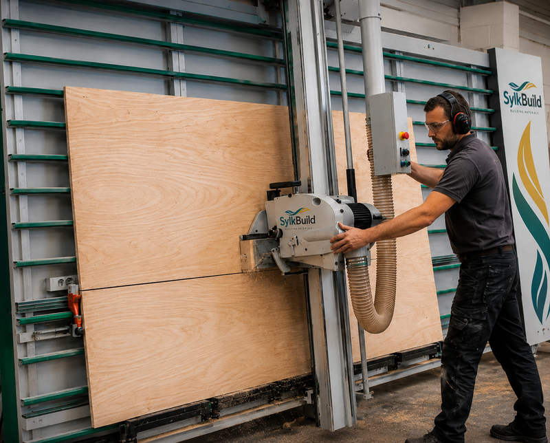 Person operating a large machine with wooden panels in a workshop setting, featuring SylkBuild branding.