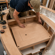 Person working on a wooden project with tools in a workshop setting